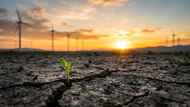 Concept of sustainable growth amidst drought with wind turbines at sunset