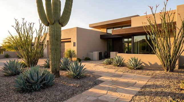 Modern luxury desert home with saguaro cactus and native plants in arizona landscape. arizona front yard
