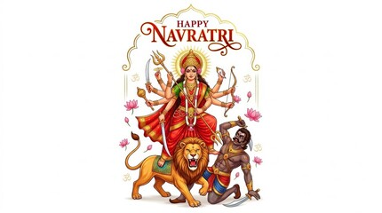 Fototapeta premium Goddess Durga with Navadurga Forms and Sacred Animals Traditional Hindu Illustration on White Background