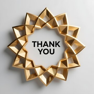 Golden geometric star frame with Thank You text, elegant 3D metallic wreath on white background, luxury appreciation card design