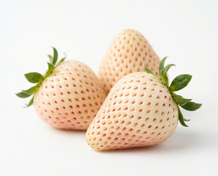 Three Fresh White Strawberries Pineberry Isolated On White Background