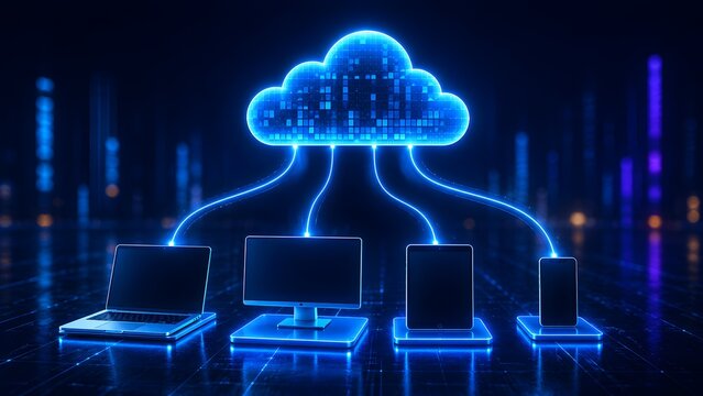 Glowing blue cloud computing icon connecting to multiple digital devices including laptop desktop monitor tablet and smartphone on dark reflective surface.