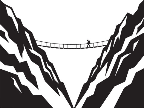 Minimalist black and white rope bridge vector silhouette, man crossing mountain canyon, risk overcoming obstacle concept art