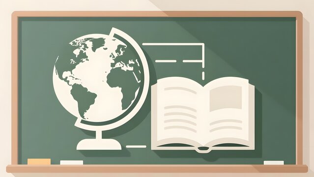 Educational chalkboard background with globe and open book icons. School classroom blackboard for geography and literacy studies.