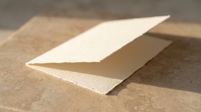Folded blank paper card with textured edges resting on a flat stone surface. bi fold mockup