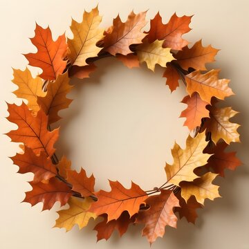 Autumn oak leaf wreath on beige background, rustic fall foliage circular frame, seasonal orange and brown leaf decoration for thanksgiving