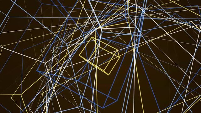Glowing neon lines form intricate geometric cube structures within a dark virtual three dimensional network space