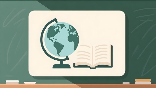 Educational flat lay illustration, world globe and open book on whiteboard, school classroom background with green chalkboard