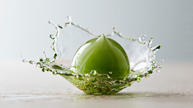 High speed capture of a green liquid sphere exploding and splashing on a bright pale stone surface molecular gastronomy liquid sphere splash spherification high speed photography