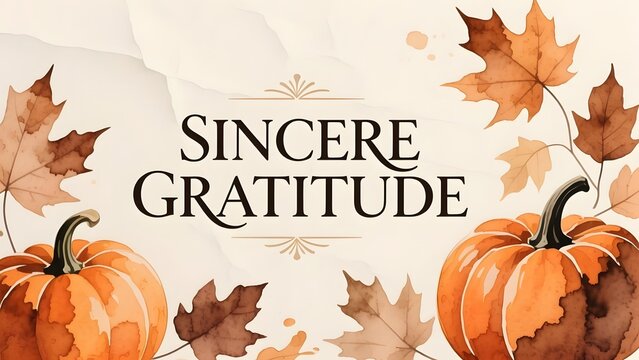 Sincere Gratitude autumn greeting card, watercolor pumpkins and maple leaves background, elegant Thanksgiving seasonal banner