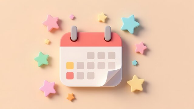 Minimalist 3D calendar icon with pastel stars. Cute pink planner for schedule organization. Creative time management concept.