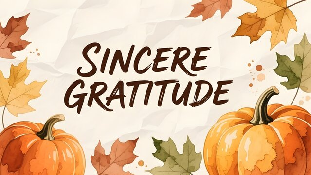 Sincere Gratitude autumn greeting card, watercolor pumpkins and fall leaves on crumpled paper, Thanksgiving background