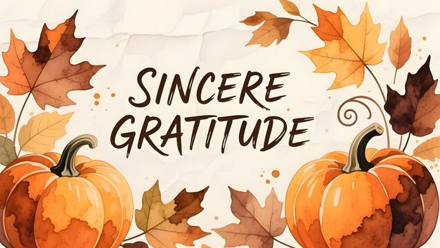 Sincere Gratitude autumn greeting card, watercolor pumpkins and fall leaves background, rustic Thanksgiving message with orange foliage