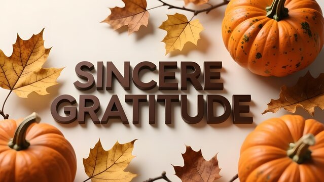Sincere Gratitude text with autumn pumpkins and maple leaves. Thanksgiving greeting card with fall foliage. Seasonal message for gratitude.