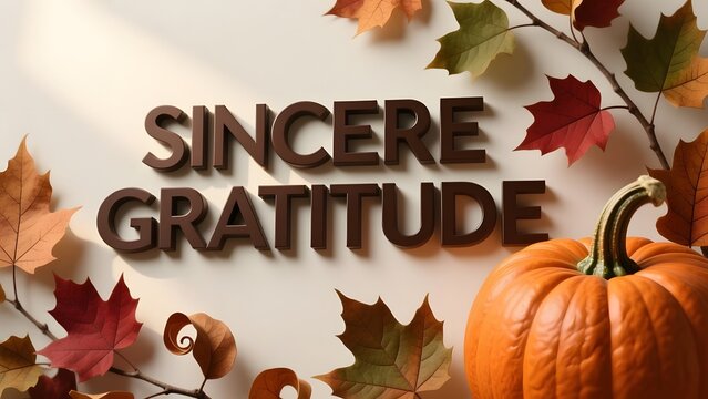 Sincere Gratitude wooden text on white background, autumn leaves and orange pumpkin seasonal decor, Thanksgiving holiday greeting card
