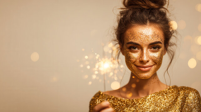 Smiling woman with golden glitter holding sparkler