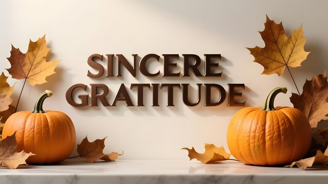 Sincere Gratitude 3D text on wall, autumn pumpkins and dried maple leaves, elegant Thanksgiving greeting card background