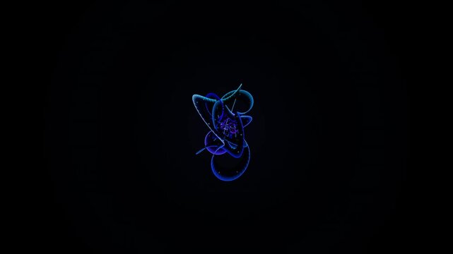 Seamless 3D loop featuring concentric rotating gyroscopic ribbons in neon pink and magenta. Surrounded by glowing stardust particles on a dark background, ideal for futuristic tech promos, sci-fi broa