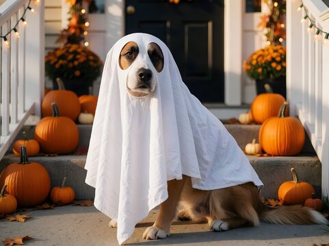 Playful dog dressed in a white ghost costume sitting among pumpkins on a warmly decorated porch during Halloween