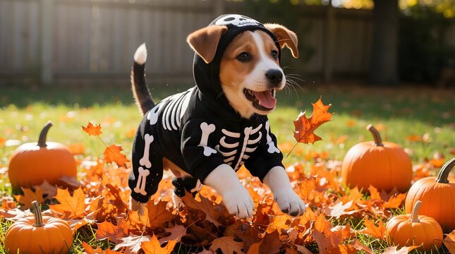 Happy dog wearing a black skeleton costume surrounded by pumpkins and autumn leaves in an outdoor Halloween setting