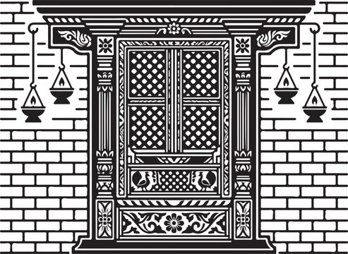 Traditional Newari window vector illustration, ornate Nepalese wood carving on brick wall, ancient Asian architectural facade