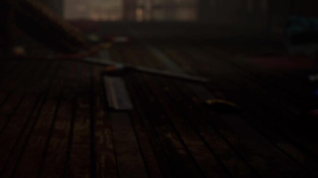 Items are scattered across a wooden floor in a dim space. The light is low and shadows fill the area. There is no clear sign of what happened here or who was present.