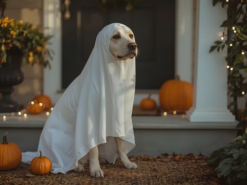 Adorable dog dressed as a white ghost sitting among pumpkins and warm Halloween decorations on a cozy porch