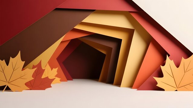 Autumn paper cut background, layered geometric fall leaves art, 3D papercraft tunnel in orange and brown tones, seasonal craft backdrop