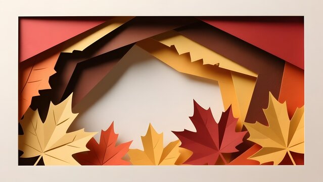 Autumn paper cut background, layered maple leaf frame, 3D papercraft fall foliage border, seasonal orange and red paper art
