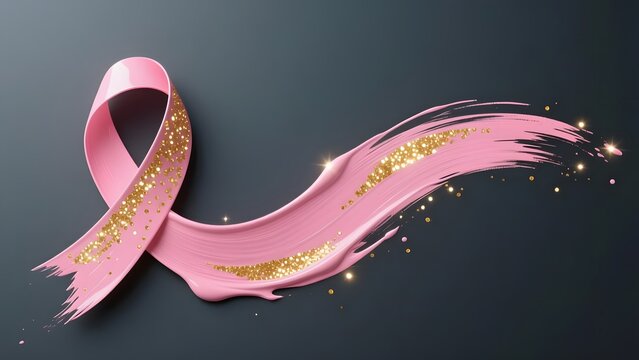 Pink breast cancer awareness ribbon with gold glitter, elegant pink brush stroke on dark background, medical health concept
