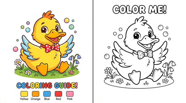 Cute cartoon duck coloring page for kids with color guide and line art illustration