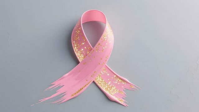 Pink breast cancer awareness ribbon with gold glitter, satin fabric symbol on grey background, medical health support concept