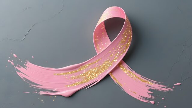 Pink breast cancer awareness ribbon, artistic paint stroke with gold glitter, medical health support symbol on gray background