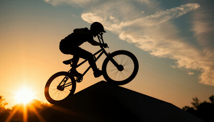 Naklejka premium Silhouette of a cyclist riding a mountain bike on a ramp at sunset