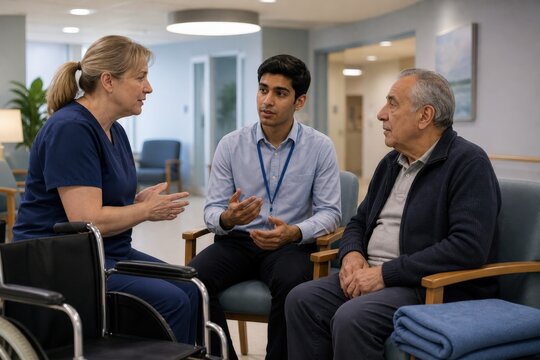 Medical Interpreter Training As A Young Pakistani Male Trainee Relays The Message From A Neutral Position