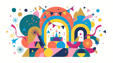 Fototapeta premium Festive geometric celebration vector illustration featuring vibrant abstract shapes colorful bunting banners and playful party confetti scattered throughout this modern graphic design composition 