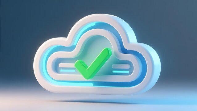 Cloud computing icon with green checkmark, 3D render of secure data storage, blue neon light on white cloud symbol