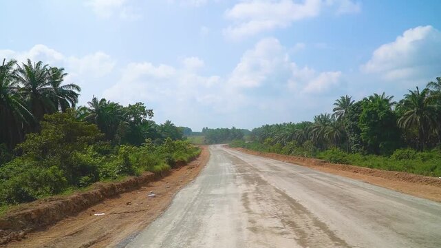 Unpaved dirt road construction site passing through dense green palm oil sawit plantation under bright sunny blue sky rural infrastructure logistics transport route highway development project
