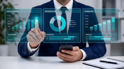 Fototapeta premium Financial analyst reviewing interactive revenue forecast and sales trend dashboard on digital screen for business strategy optimization