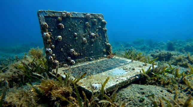 Abandoned laptop computer encrusted with barnacles and seaweed submerged on ocean floor representing environmental impact of electronic waste
