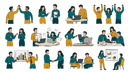Fototapeta premium Business people working, collaborating, celebrating success, and problem-solving
