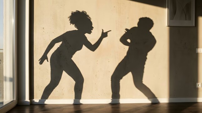: Dramatic action shadow silhouette of angry woman confronting man in physical dispute or argument stance