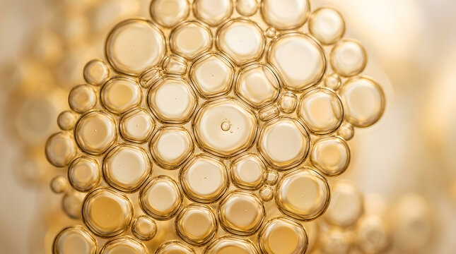 Golden liquid bubbles macro photography | Abstract oil and water cell texture | Luxury serum texture cosmetic background | Scientific microscopic view of golden spheres