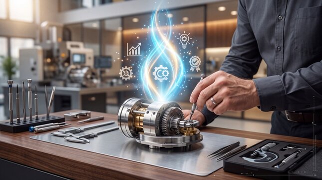 Engineer assembling mechanical components on workbench with digital holographic interface in modern workshop with holographic technology icons mechanical parts man assembling