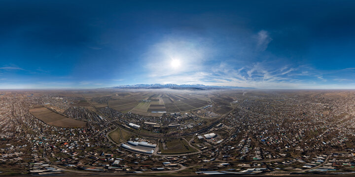 Aerial 360 VR Panorama of Kyrgyz Landscape with Mountains and City