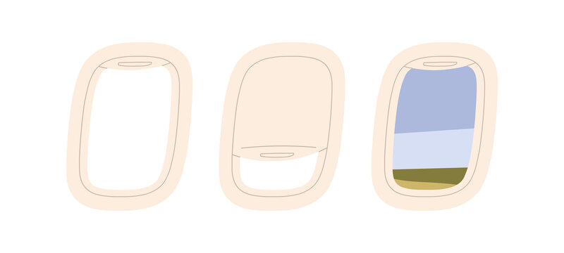 Aircraft porthole skyscape collection, aerial views with wings from passenger seat, cloudy day and starry night sky scenes during air travel flat illustration isolated on white background.