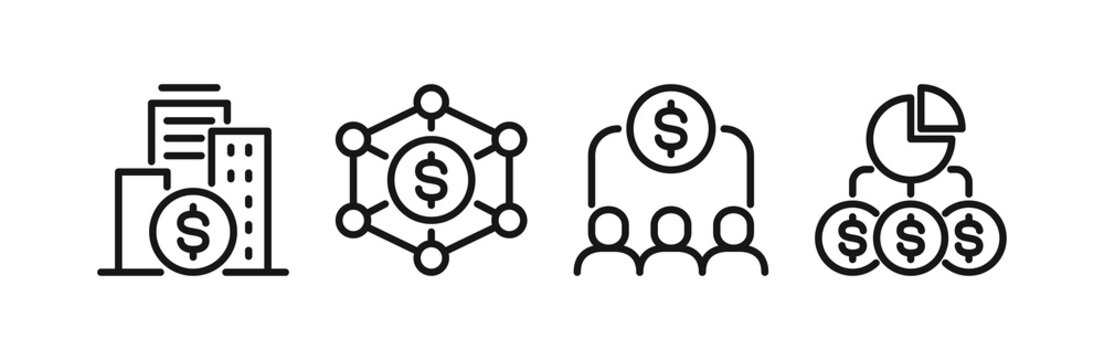 Set of black outline icons representing corporate structure, business network and financial management, organization hierarchy linear symbols illustration.