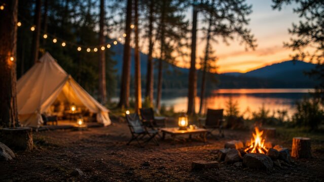 Campsite setup with a canvas tent and glowing campfire near a lake at twilight. String lights illuminate the forest clearing while the sun sets behind distant mountains.