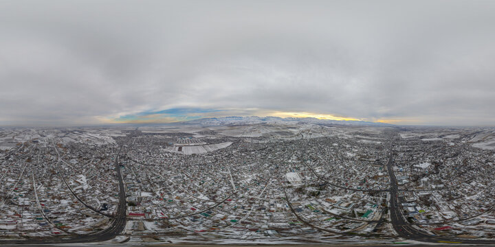 Aerial Panorama of Snow-Covered Residential Area in Kyrgyzstan