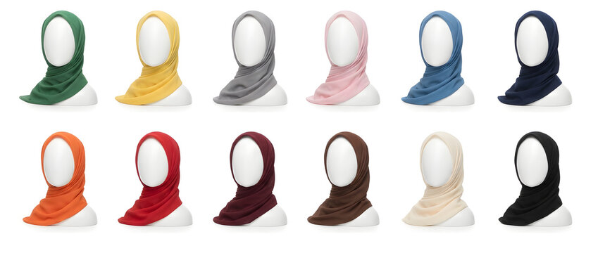 Colorful hijab headscarves on mannequins arranged in rows on a white background.